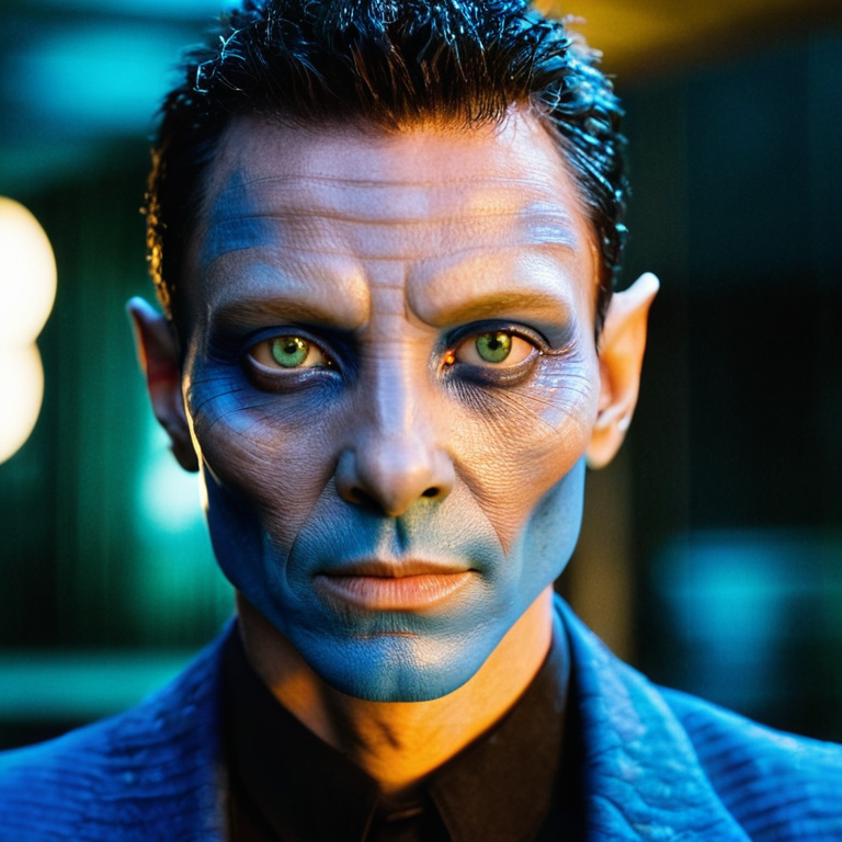 front shot, actor photo of a face blue skin avatar alien  looks at viewer, cinematic shot