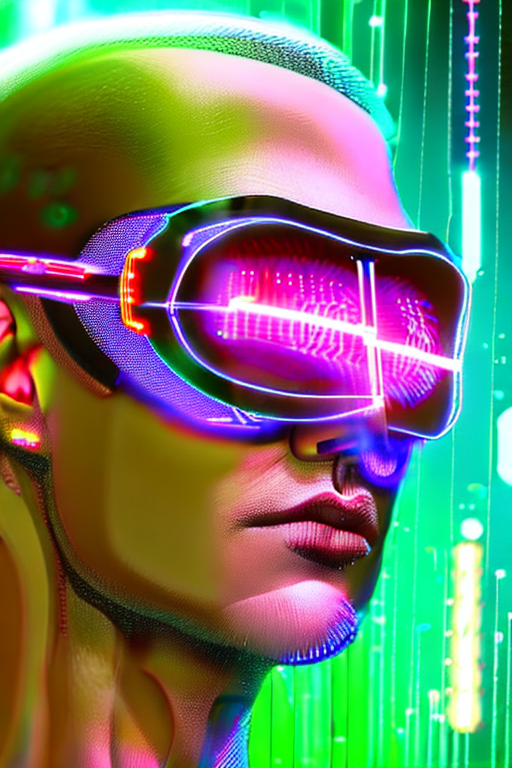 AI generated art representing "A cyberpunk-inspired portrait of a mysterious character wearing advanced technological eyewear, surrounded by holographic user interfaces and digital data streams."