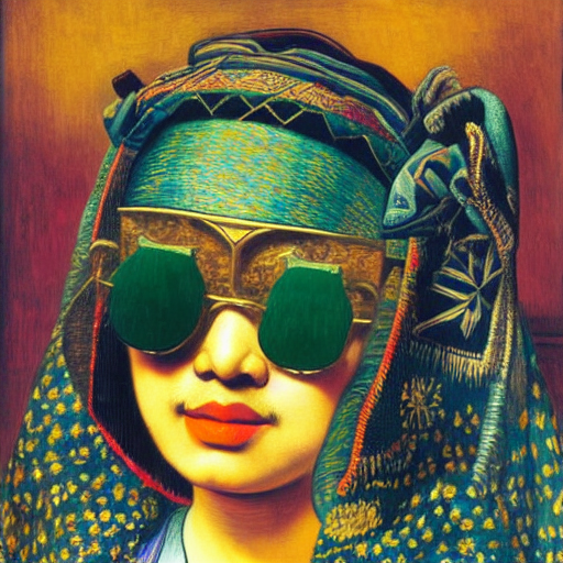 young Asian lady with cool glasses  by Rembrandt by Vincent Van Gogh by Rene Magritte surrealist by Picasso by Gustav Kl