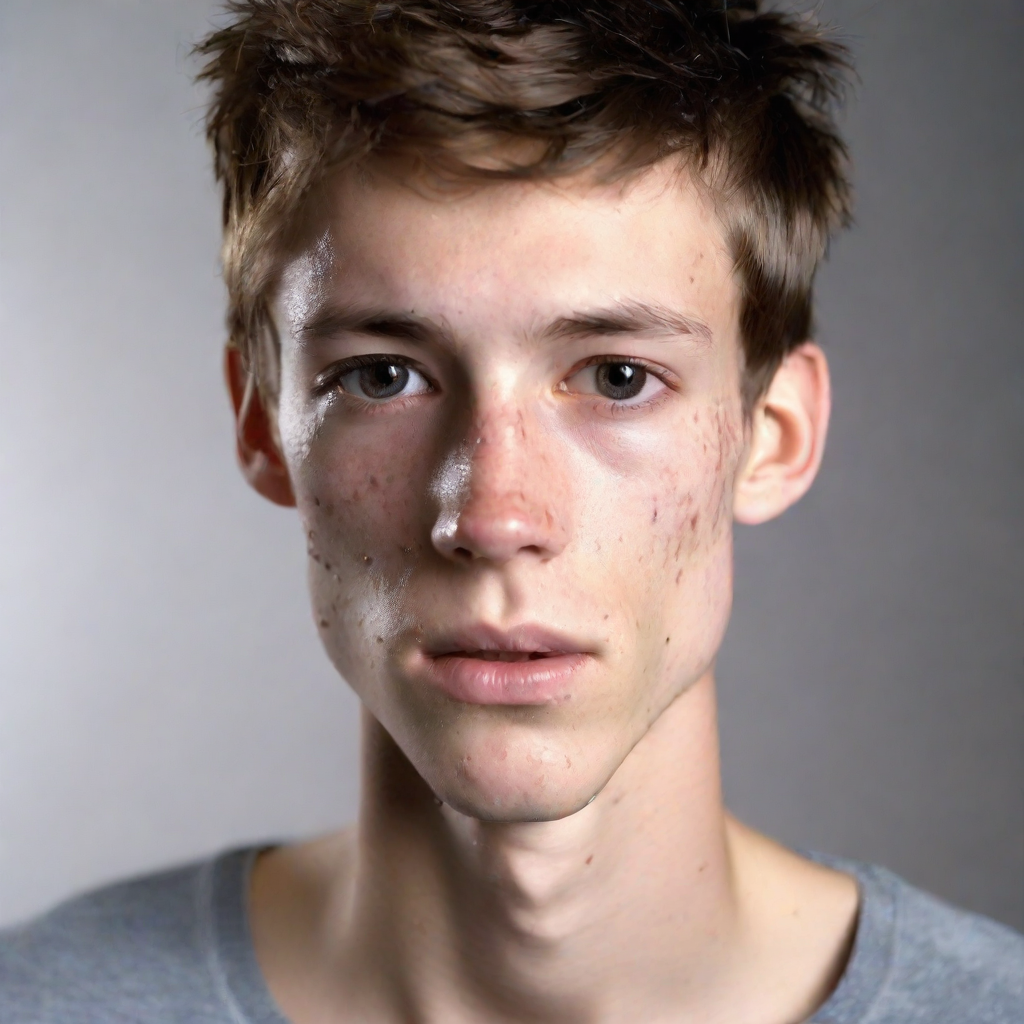 front shot, photo of lack male, skinny with pimples on his face, approximately 5’8”, high school age  looks at viewe