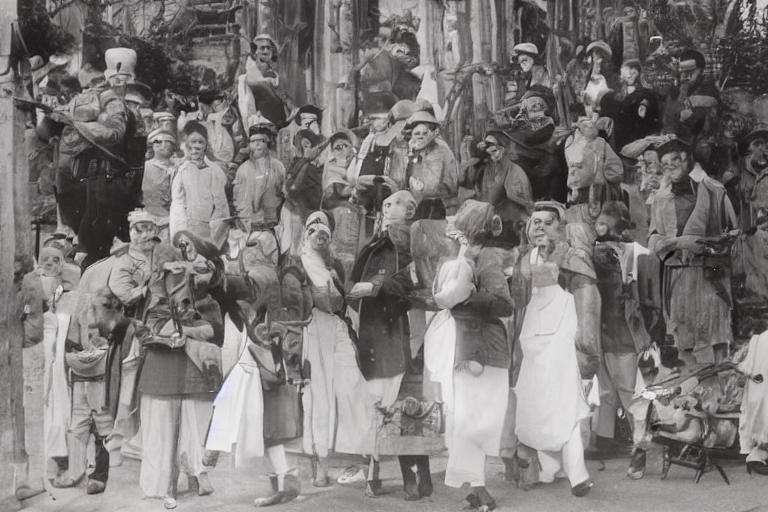 (Photo) A black and white photo of a large group of people in costumes, possibly for a parade or theatrical performance. people | outdoor | large group, costumes, possibly a parade or performance | candid Note: The image is a historical photograph capturing a moment in time with a group of costumed individuals. It's not a drawing, logo, or banner, and doesn't fit the 'other' category.