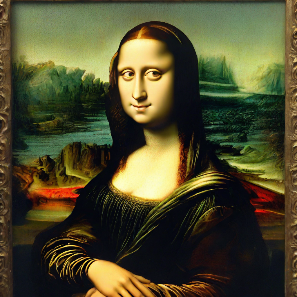 front shot, photo of mona lisa looks at viewer, cinematic shot
