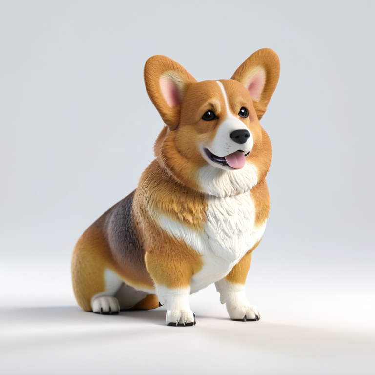 white background, front shot studio 3D render of corgi, cinematic shot