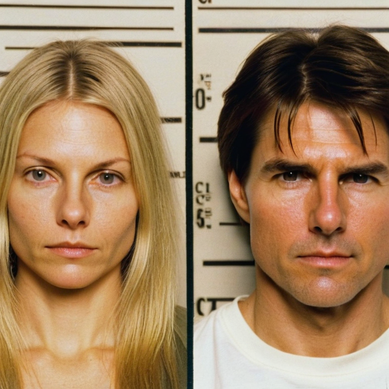 front shot, mugshot photo of a a woman who looks like tom cruise and gweneth paltrow  looks at viewer, cinematic shot