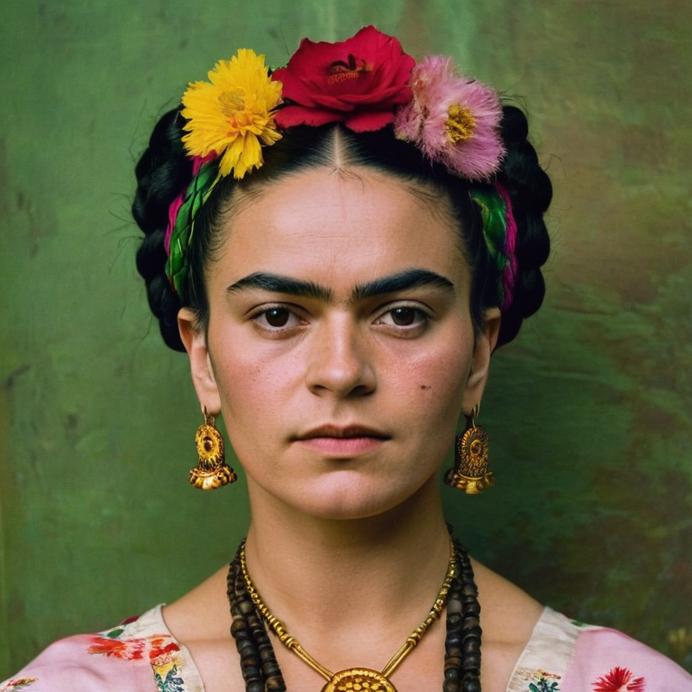 front shot, actor photo of a woman who looks like frida kahlo  looks at viewer, cinematic shot