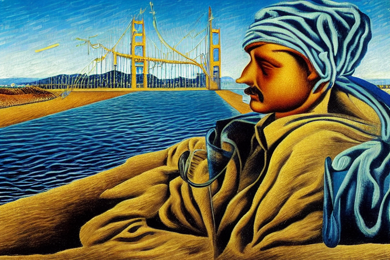 Man with beanie sitting at beach next to Golden Gate Bridge  by Rene Magritte surrealist by Salvador Dali by Vincent van