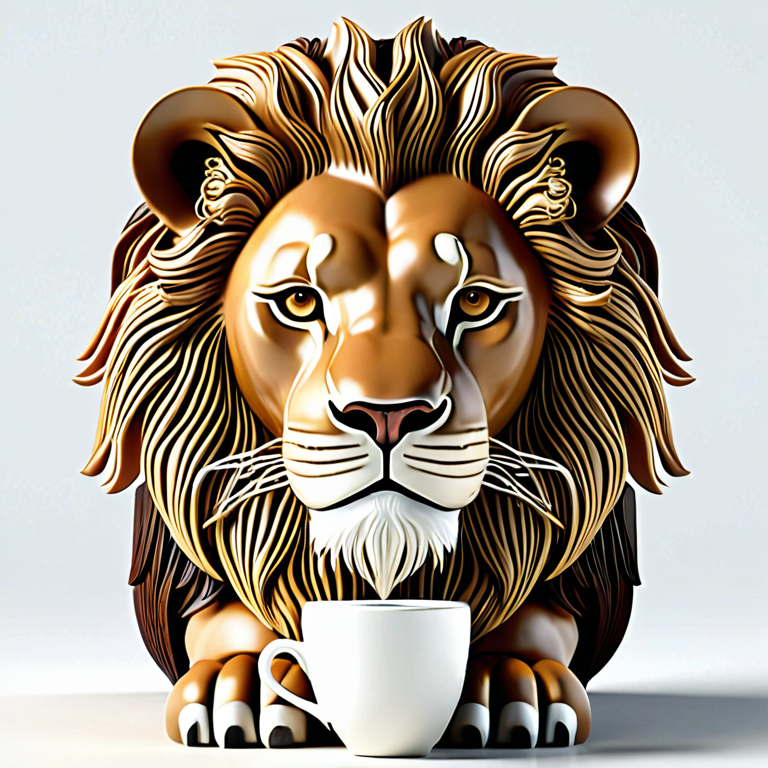 white background, front shot studio 3D render of espresso lion  looks at viewer, cinematic shot