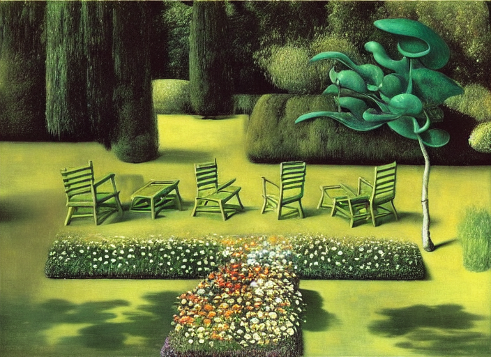 Patio chairs and tables by a manicured garden path  by da Vinci by Salvador Dali by Frida Kahlo by Picasso by Rembrandt 