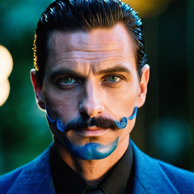 front shot, actor photo of a blue skin moustach blue skin  looks at viewer, cinematic shot