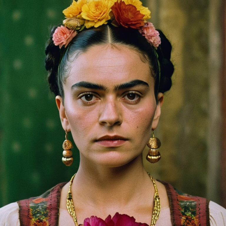 front shot, actor photo of a woman who looks like frida kahlo  looks at viewer, cinematic shot