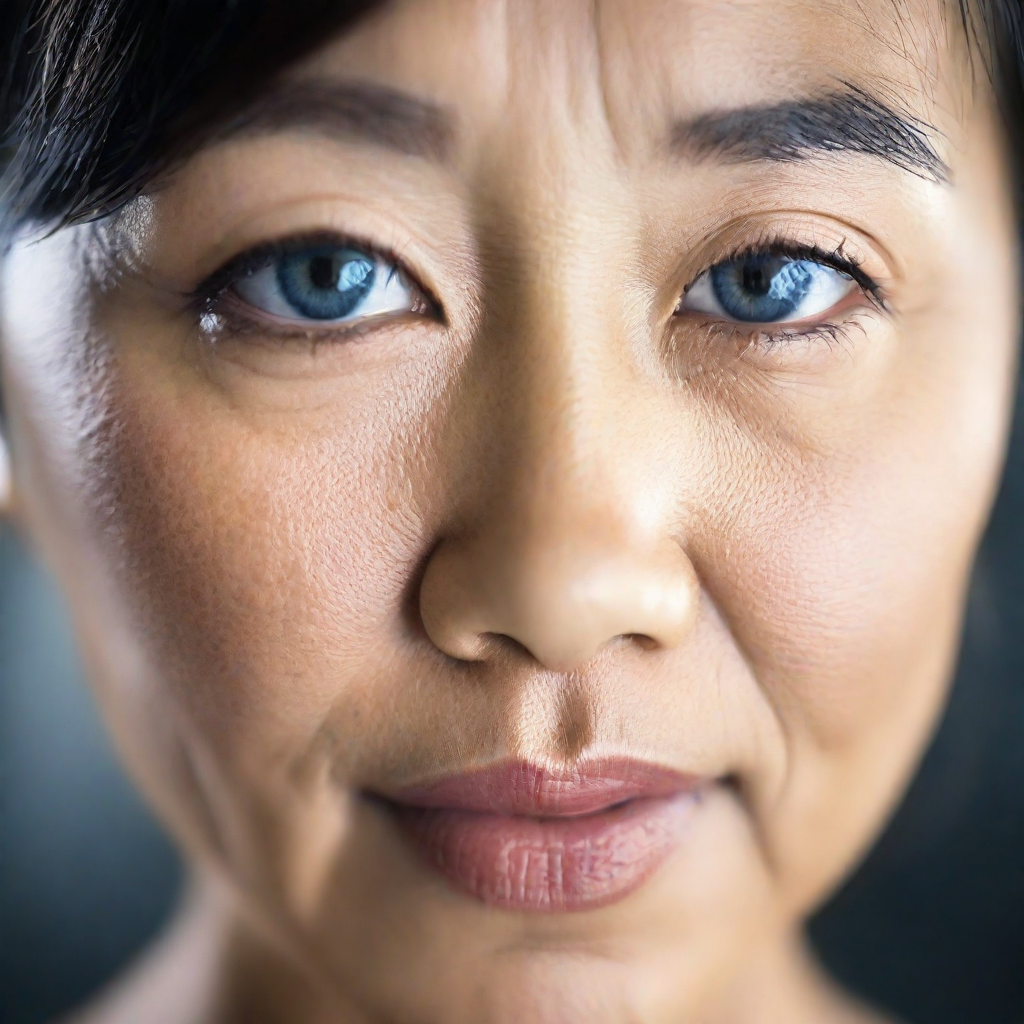 front shot, photo of asian woman age 50 with blue eyes  looks at viewer, cinematic shot