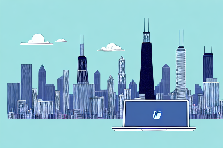 A City Skyline With The Chicago Skyline In The Background And A Laptop In The Foreground, Hand-Drawn Abstract Illustration For A Company Blog, In Style Of Corporate Memphis, Faded Colors, White Background, Professional, Minimalist, Clean Lines