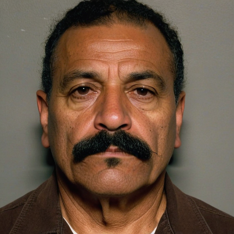 front shot, mugshot photo of a Latino 55 yo moustache  looks at viewer, cinematic shot