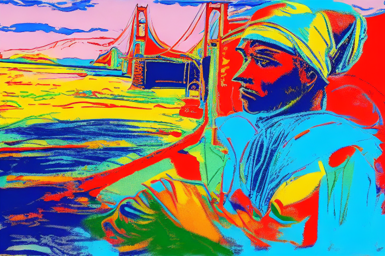 Man with beanie sitting at beach next to Golden Gate Bridge  by Warhol