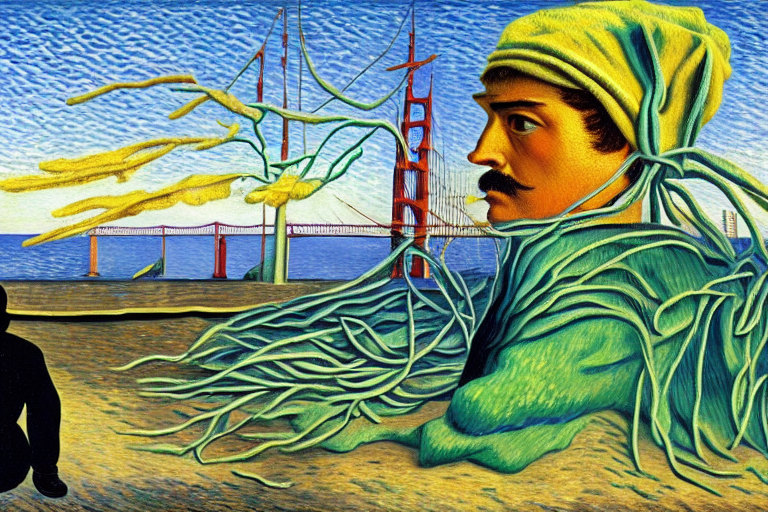 Man with beanie sitting at beach next to Golden Gate Bridge  by Rene Magritte surrealist by Salvador Dali by Vincent van