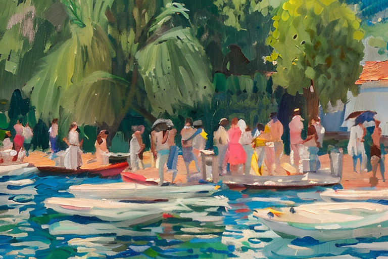 AI generated art representing "lake como, on a hot summers day, beautifully lit, boats on the water, people having drinks at a garden party."