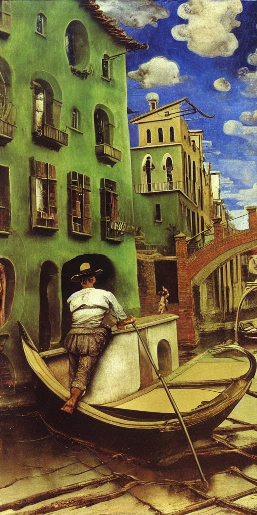 Man on Gondola in canal  by Salvador Dali by da Vinci by Norman Rockwell by Frida Kahlo by Vincent van Gogh
