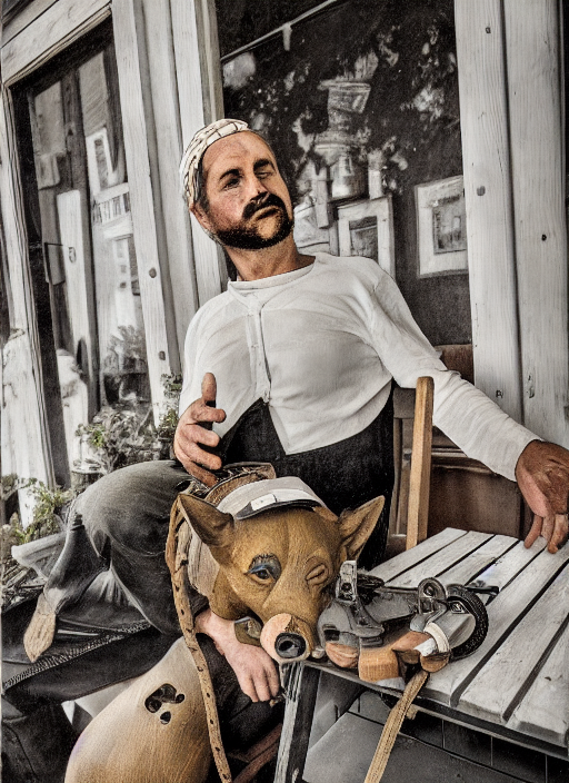 An rugged 19th century factory worker at hipster coffeee shop American Gothic