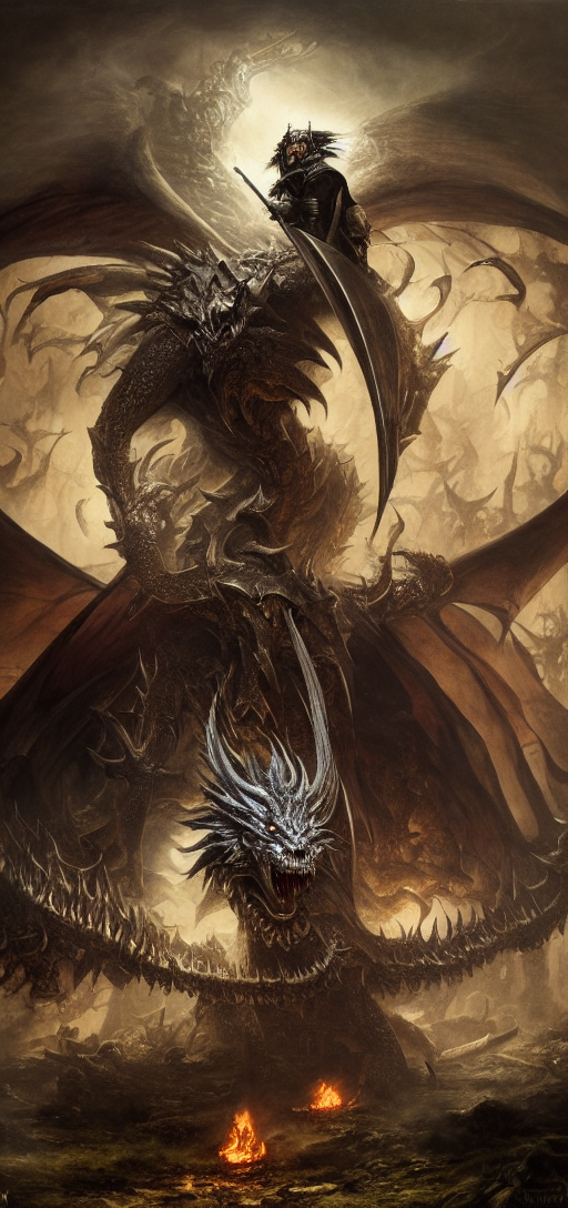 By murakami as a gothic dragon fighting a large dragon in a medieval tavern at night, oil painting, dark fantasy, oil pa