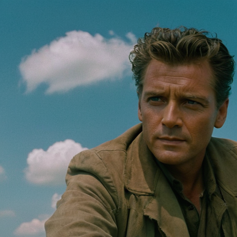 front shot, actor photo of a Man in the sky  looks at viewer, cinematic shot