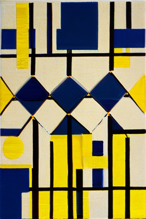 AI generated art representing "Generate a geometric abstract painting that incorporates the living room's color scheme of yellow, dark blue, and grey. The composition should consist of simple shapes and clean lines, creating a modern and sophisticated aesthetic. Arrange the shapes in a balanced and harmonious pattern, evoking a sense of vibrancy and energy that matches the desired summer atmosphere."