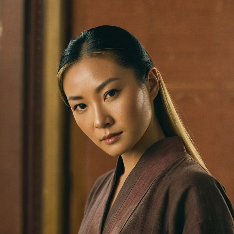 front shot, actor photo of a Asian woman blonde  looks at viewer, cinematic shot