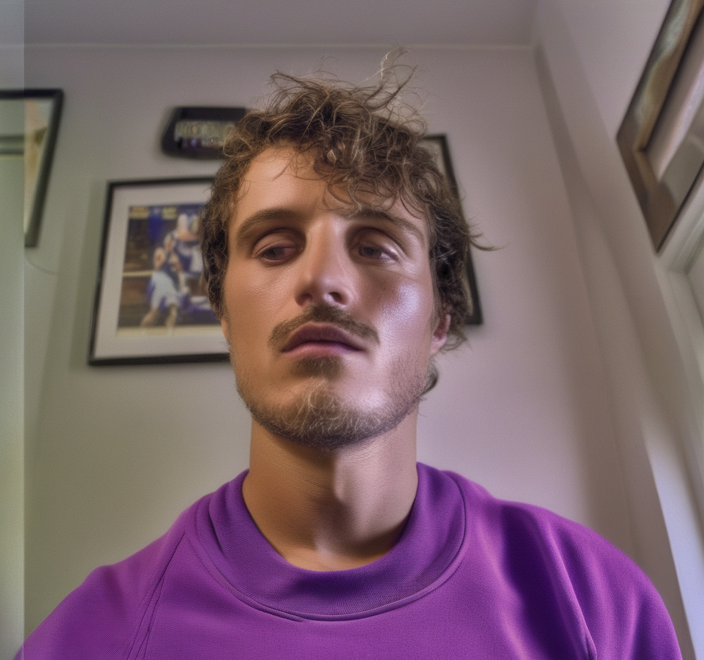 Purple sweatshirt  and Jordan shoes, realistic, HD color photograph