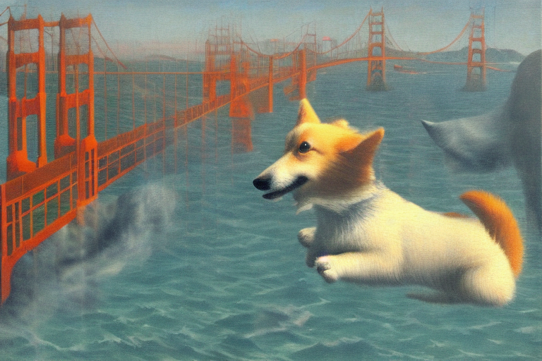 Corgi with tail at the beach, Golden Gate Bridge in background by Rene Magritte surrealist
