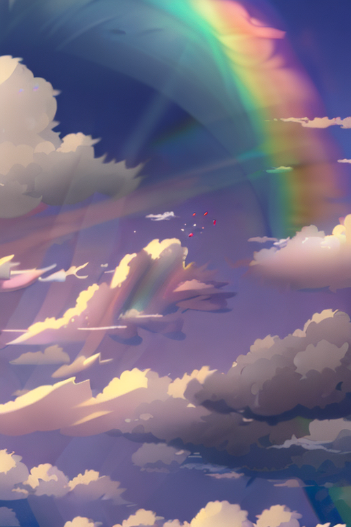 AI generated art representing "dreamland, unicorn riding through the clouds, rainbow behind."