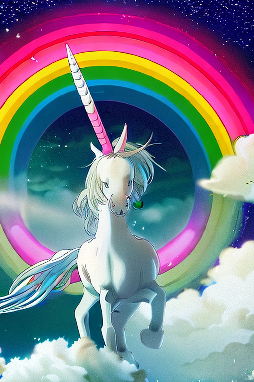 AI generated art representing "dreamland, unicorn riding through the clouds, rainbow behind."
