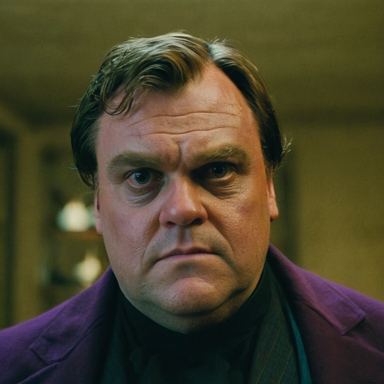 front shot, actor photo of a Man who looks like grimace  looks at viewer, cinematic shot