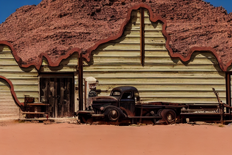 Desert scenery, old gas station from the 50s, rusty truck in the foreground