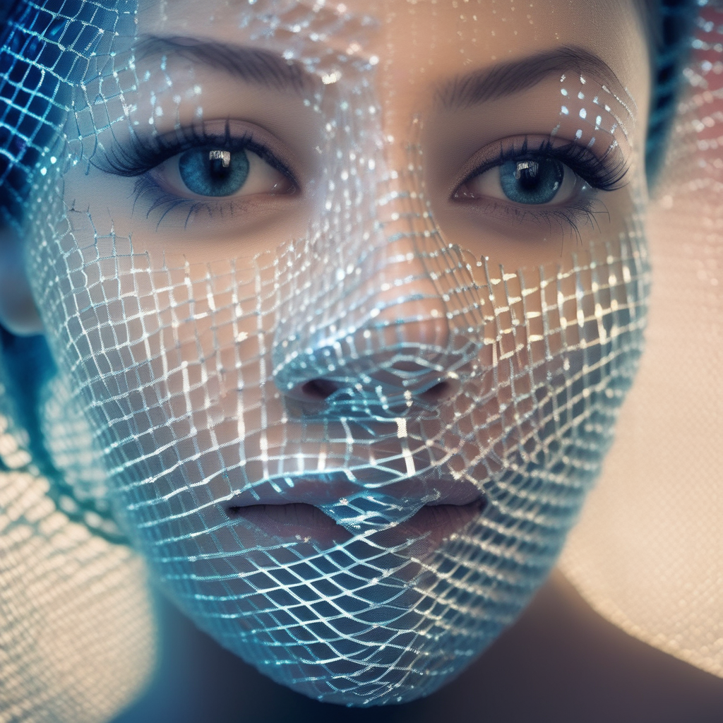 blue sparkely grid mask, realistic, HD color photograph