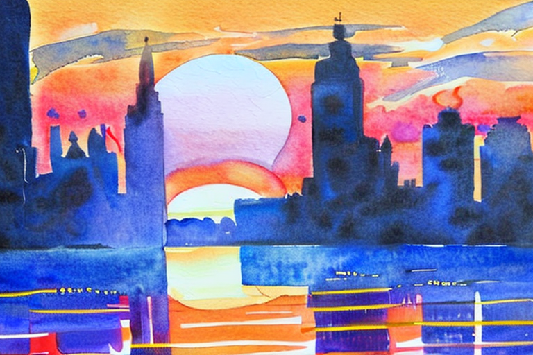 AI generated art representing "Create a striking watercolor painting of a cityscape at dusk, showcasing the vibrant reflections of city lights on a river or harbor, with a color palette of deep blues, purples, and warm oranges and yellows."