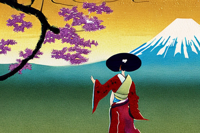AI generated art representing "geisha walking, falling cherry blossom, Japan, golden hour, spring, mount fuji"