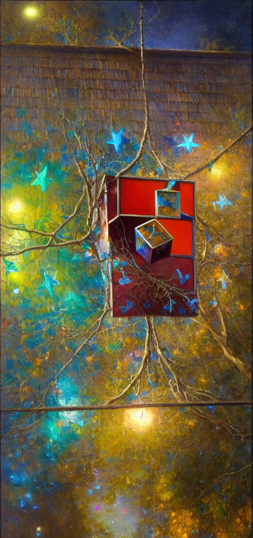 Colorful cube in corner with a lot of keys at night on a tree, painting by gaston bussiere, craig mullins, j, c, leyende
