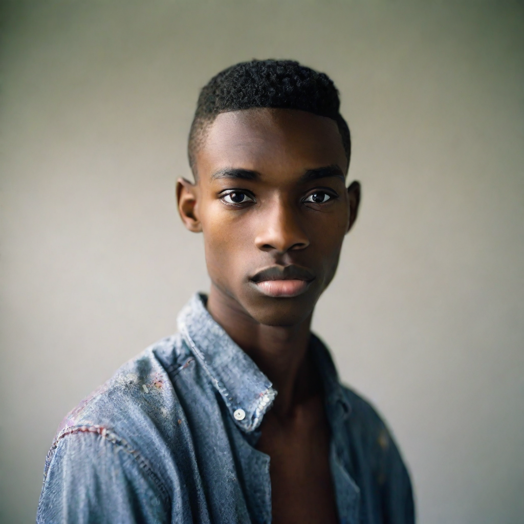 front shot, photo of Black male, skinny, approximately 5’8”, high school age  looks at viewer, cinematic shot