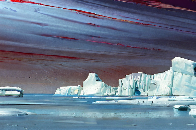 AI generated art representing "antarctica, melting ice caps, in the year 2084, futuristic, deserted land, robots, trending on artstation."