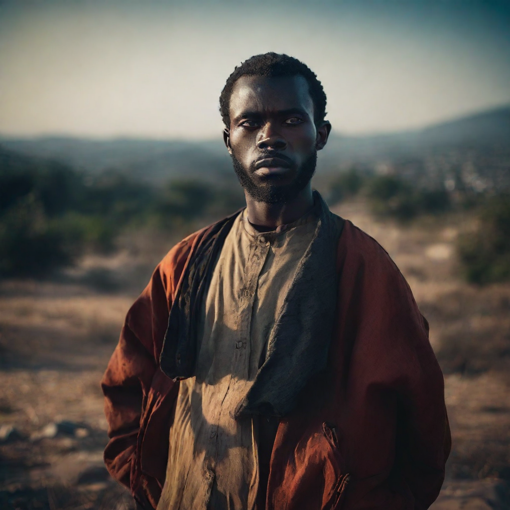 front shot, photo of Thin face African slanted eyes, man  looks at viewer, cinematic shot