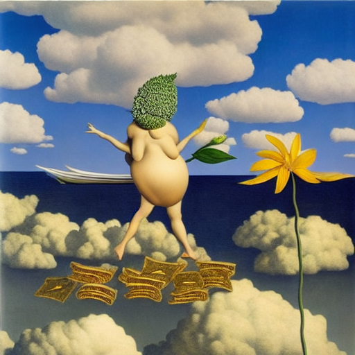 A person standing on top of a lot of money next to a large flower by Rene Magritte surrealist
