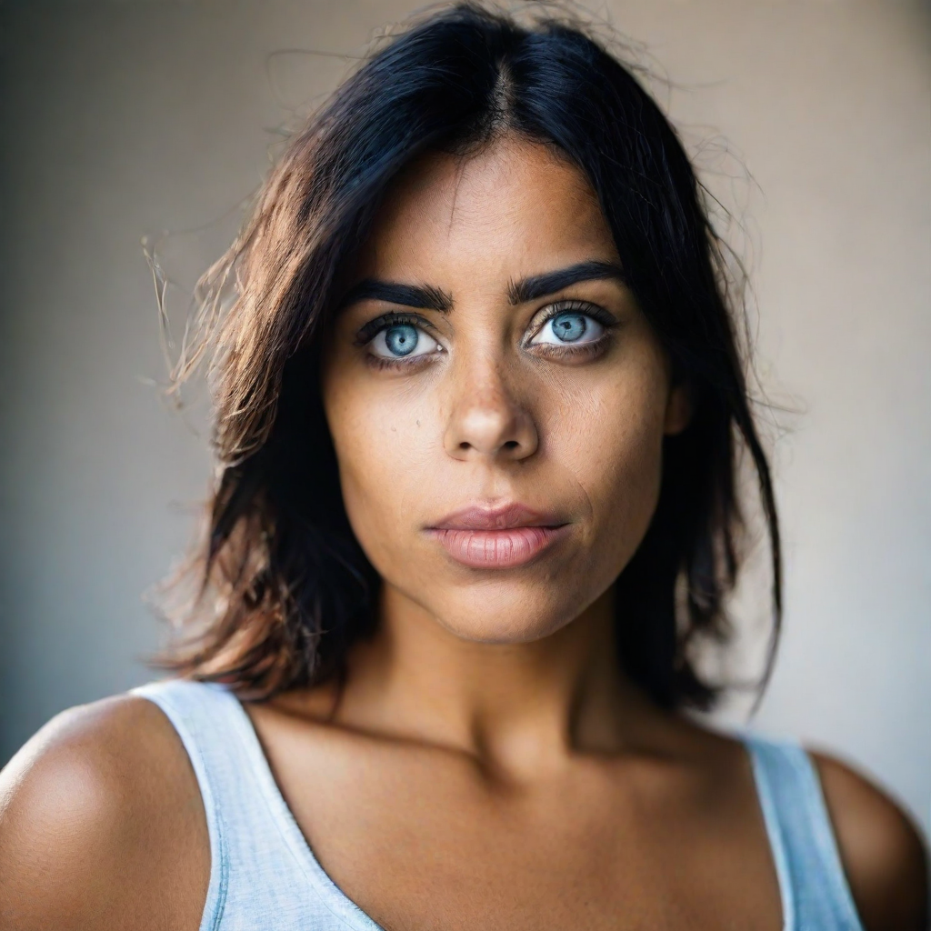 front shot, photo of a hispanic woman with blue eyes  looks at viewer, cinematic shot