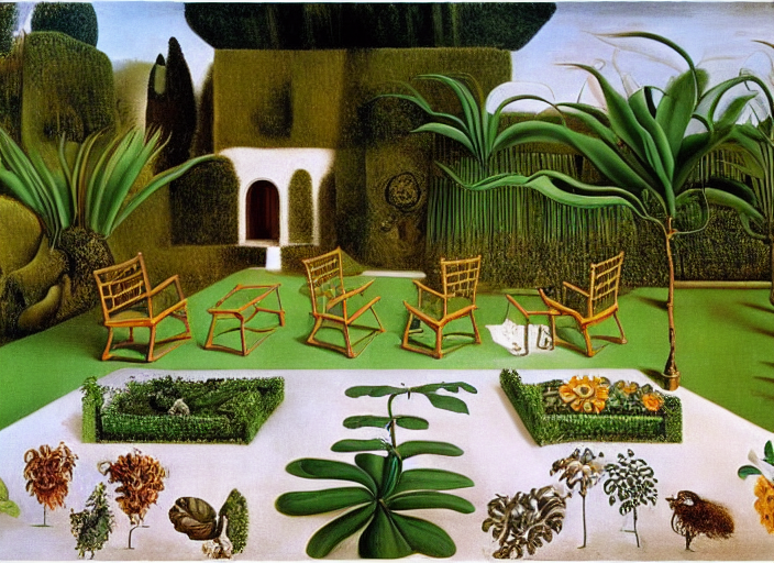 Patio chairs and tables by a manicured garden path  by da Vinci by Salvador Dali by Frida Kahlo by Picasso
