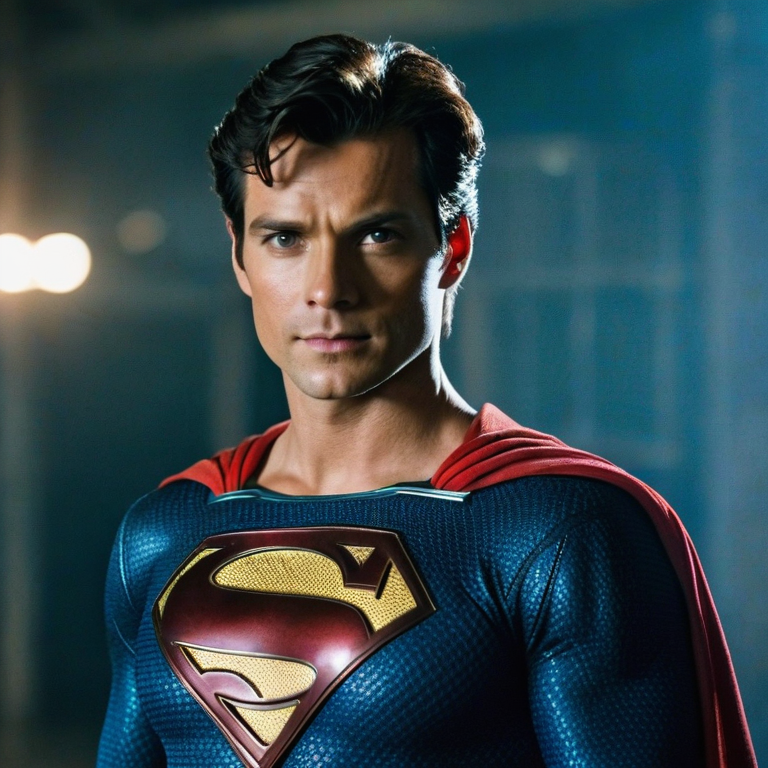 front shot, actor photo of a Super man. Is here.  looks at viewer, cinematic shot