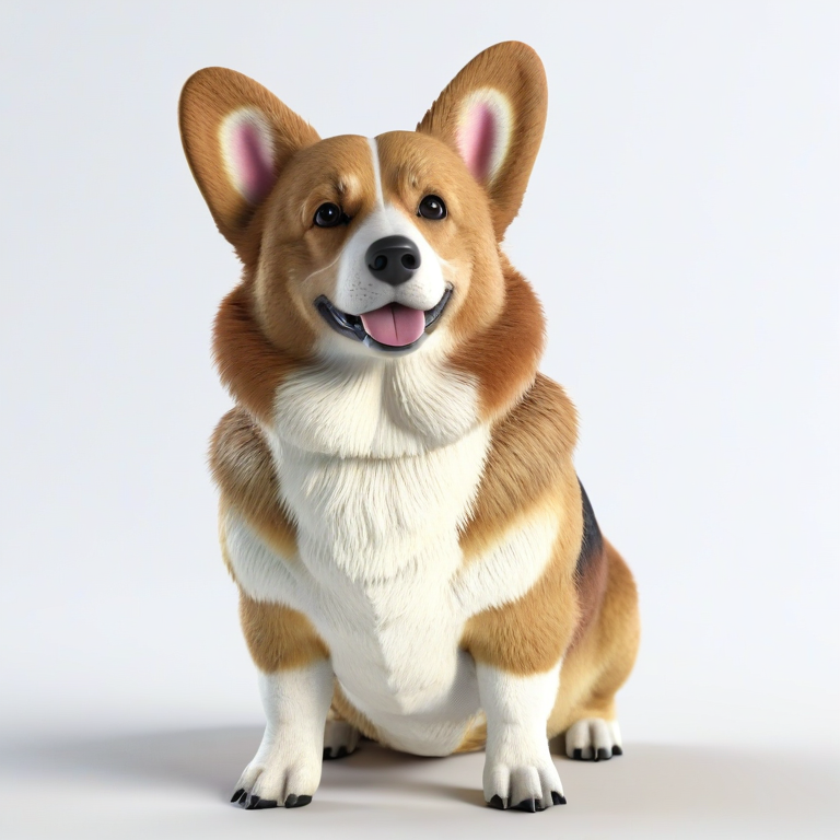 white background, front shot studio 3D render of corgi, cinematic shot