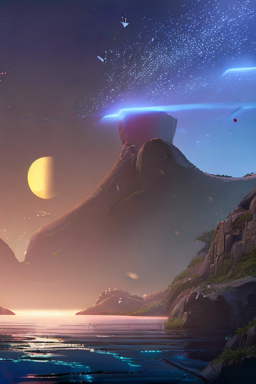 AI generated art representing "in a distant magical disney kingdom, dreamy lighting, big stars glow in the sky, lit by a full moon, in the foreground you see sky islands with waterfalls floating in the sky above a calm ocean, reflecting the scene. "