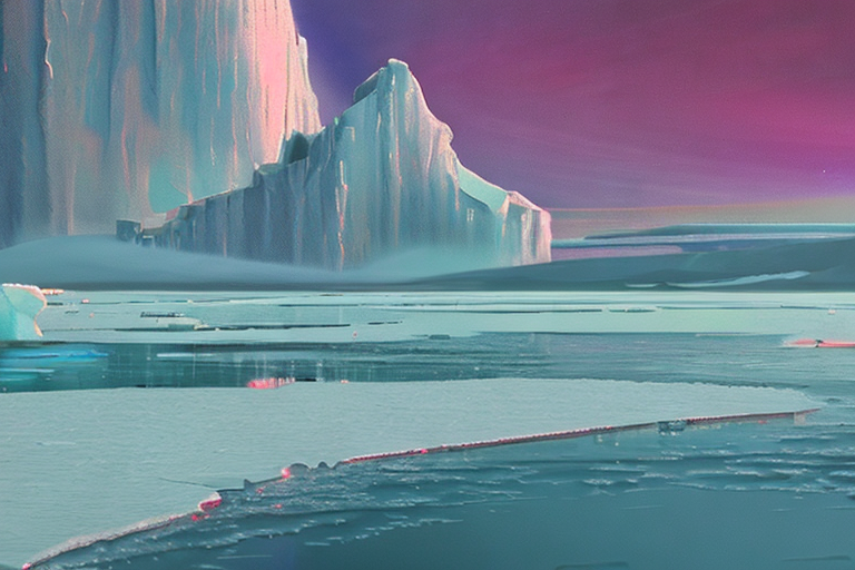 AI generated art representing "robots travel to Antarctica, to investigate melting ice caps and flooding, the year is 2084, futuristic, deserted land."