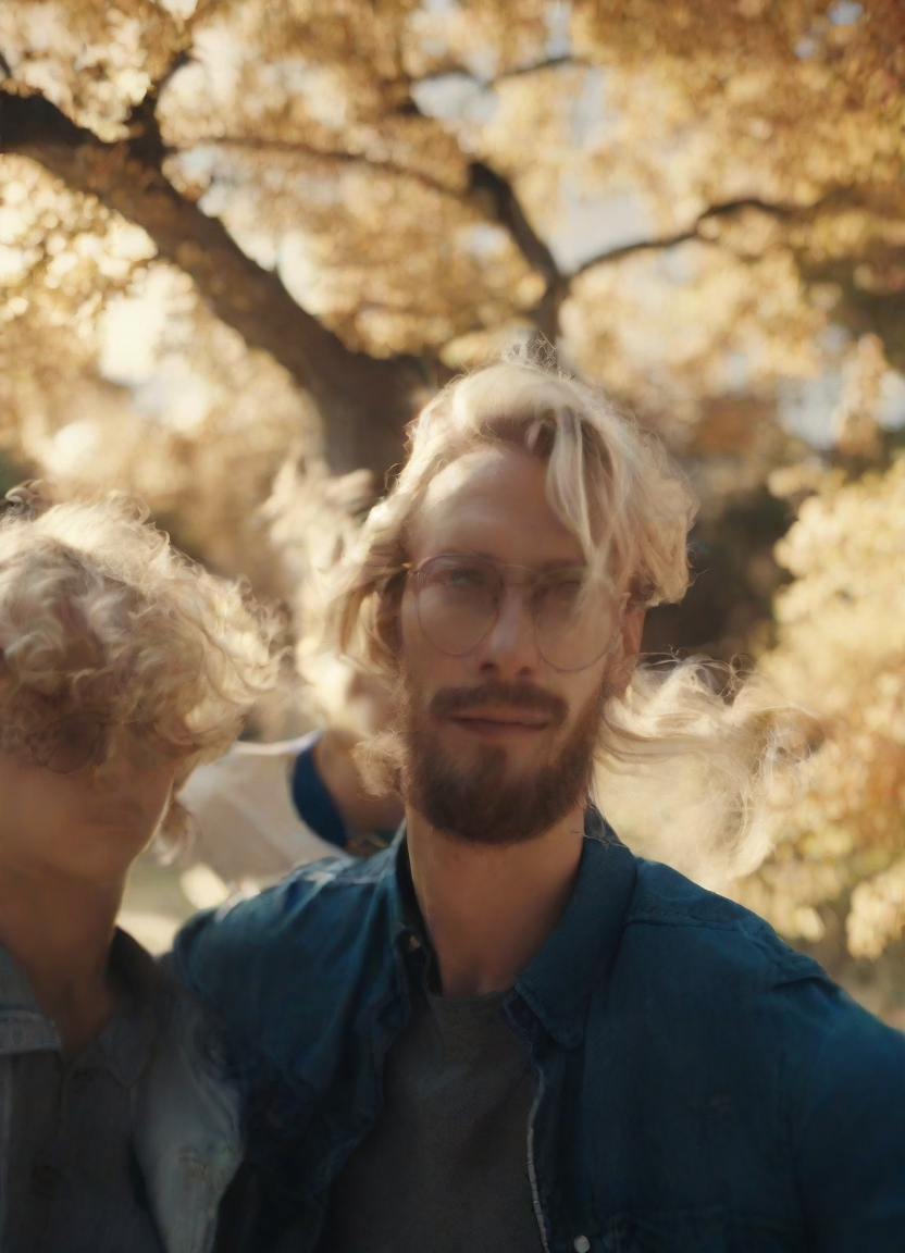 front shot, photo of Incredibly handsome man with flowing blond locks and glasses with two children on his shoulder look