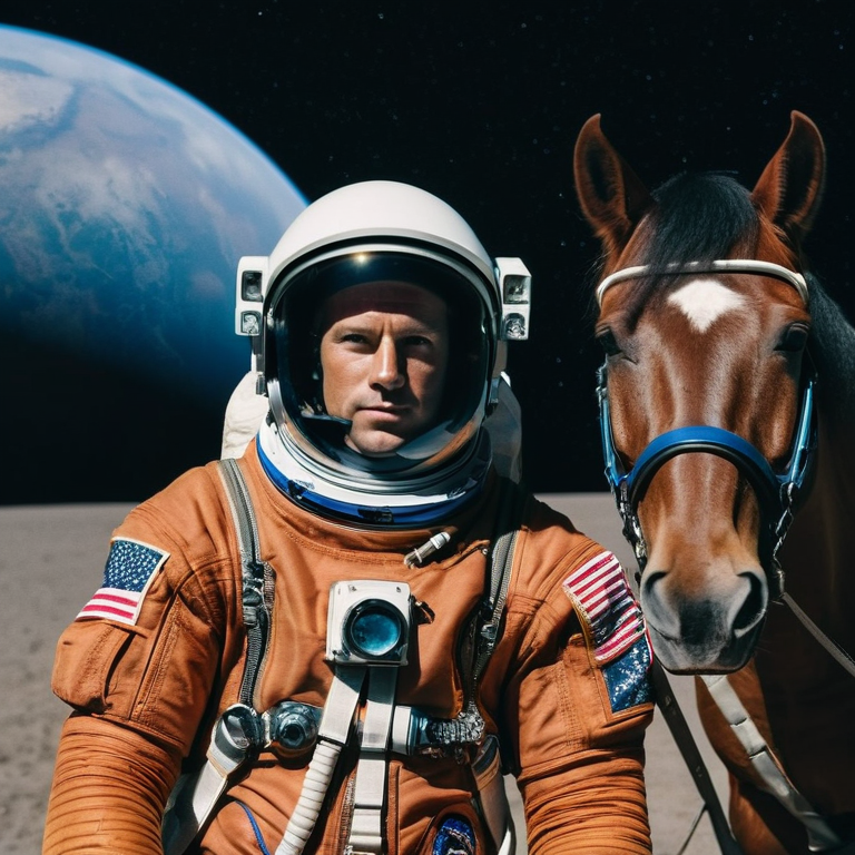 front shot, actor photo of a Horse riding astronaut  looks at viewer, cinematic shot