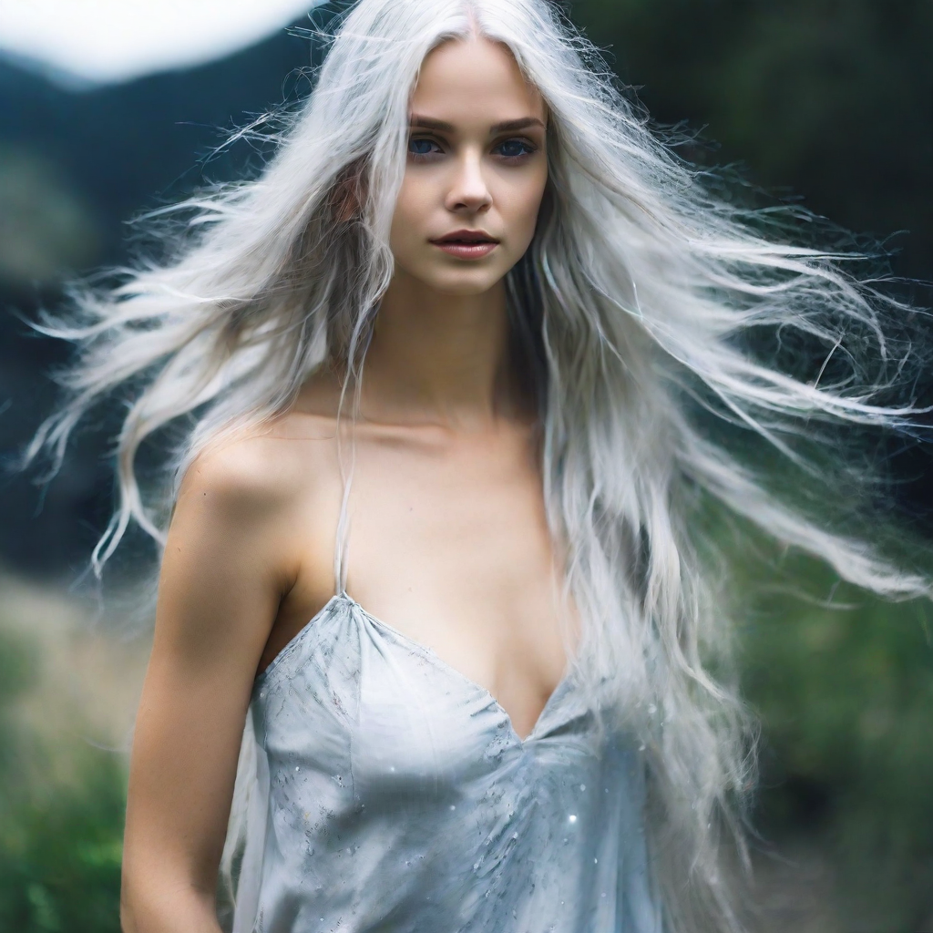 front shot, photo of I think I would want to be a bit taller and more slender, with long silver hair that flows like a r