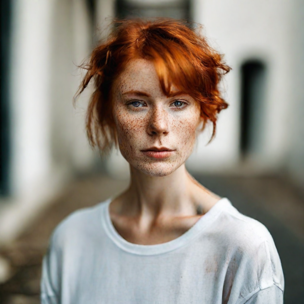 front shot, photo of a woman with red hair and brown eyes looks at viewer, cinematic shot